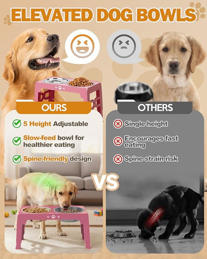 Elevated Dog Bowls, Dog Feeder with 1*Stainless Steel Dishes & 1*Slow Feeder Bowl, 5 Heights Adjustable Raised Stand for Medium Large, Food Dishes with Non-Slip Feet