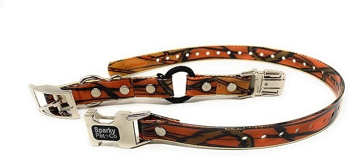 Sparky Pet Co -Zeus ECollar Replacement Strap - Bungee Loop Dog Collar - Waterproof Biothane Adjustable - Double Buckle - Quick Snap Metal Clasp - for Invisible Fence Systems - 3/4" x 28" Orange Camo