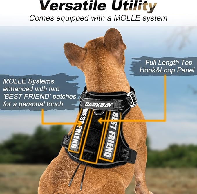 BARKBAY Service Dog Vest Tactical Dog Harness Medium Large Sized Dog Tags Personalized No Pull Adjustable Harness Reflective K9 Working Training Easy Control Military Molle System(Black,S)