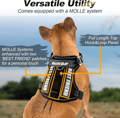 BARKBAY Service Dog Vest Tactical Dog Harness Medium Large Sized Dog Tags Personalized No Pull Adjustable Harness Reflective K9 Working Training Easy Control Military Molle System(Black,S)
