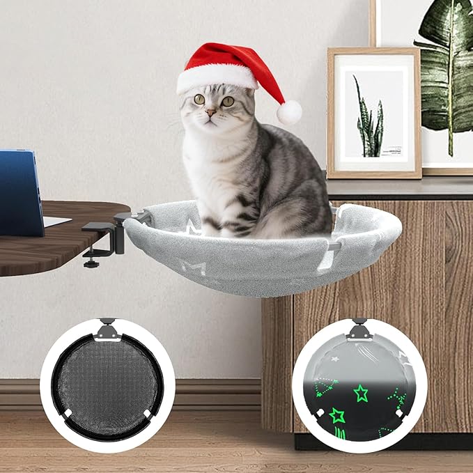 SAMAH Rotatable Cat Desk Bed, Suspended Luminous Cat Desk Hammock, Removable Faux Fur Fabric Supports Up to 30lbs, Suitable for Office Desk, Game Table, Gifts for Cats Pets