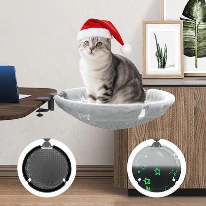 SAMAH Rotatable Cat Desk Bed, Suspended Luminous Cat Desk Hammock, Removable Faux Fur Fabric Supports Up to 30lbs, Suitable for Office Desk, Game Table, Gifts for Cats Pets