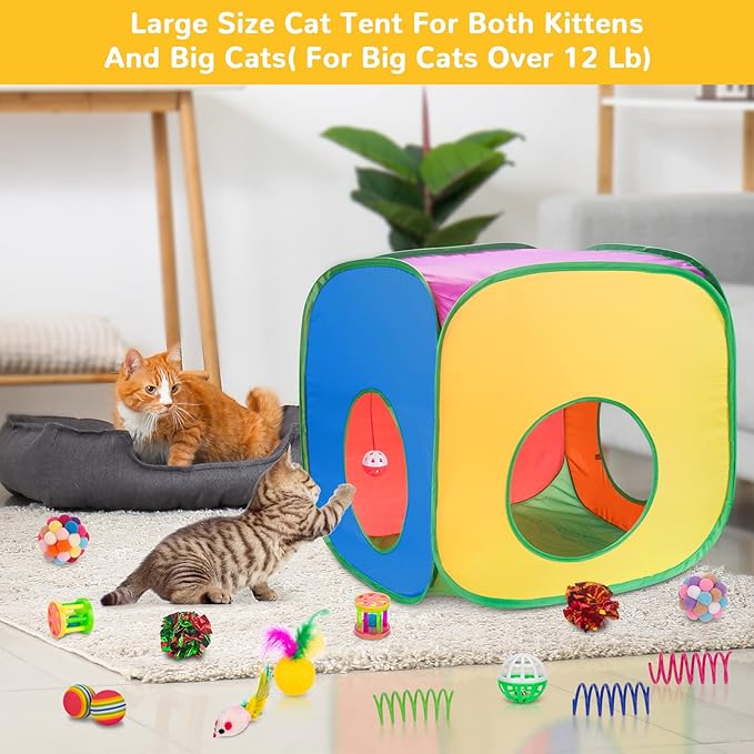 Retro Shaw Cat Toys, 33Pack, Interactive Kitten Toys for Indoor Cats Kitty with Collapsible Cat Tunnel Tube Tent Feather Wand Teaser Bell Fuzzy Pompom Crinkle Ball Springs Mice Toys
