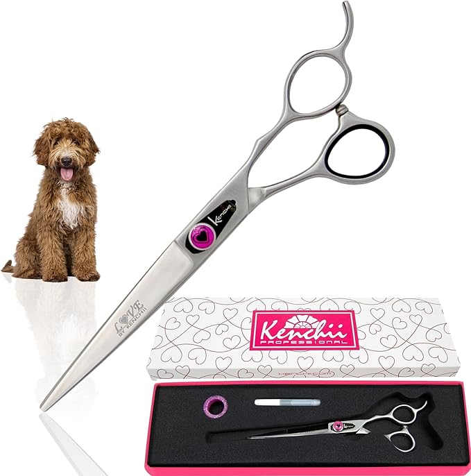 Kenchii Love Dog Grooming Scissors, 7 Inch Straight Shears, Dog Scissors for Grooming, Professional Pet Grooming Scissors, Ergonomic & Comfortable