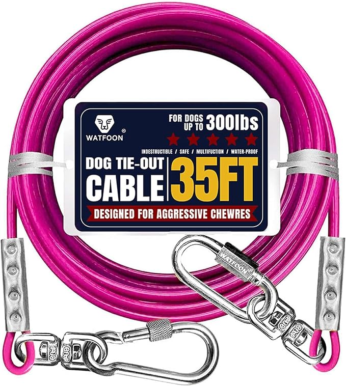 Tie Out Cable for Large Dog Runner for Yard, Pet Run Leash Heavy Duty Swivel Hooks Lead Holds Break Strength of 1000lbs, Steel Wire Dog Chain Leash Cable for Yard (Magenta 35FT)