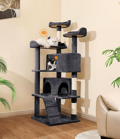 Made4Pets Cat Tree Tower 56in Cat Tower for Indoor Cats Kitten Tree Multi-Level Cat Tree with 2 Condo Furniture Activity Center with Scratching Posts Funny Toys Kittens Pet Play House, Grey