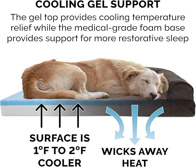 Furhaven Cooling Gel Dog Bed for Medium/Small Dogs w/ Removable Bolsters & Washable Cover, For Dogs Up to 35 lbs - Sherpa & Chenille Sofa - Coffee, Medium