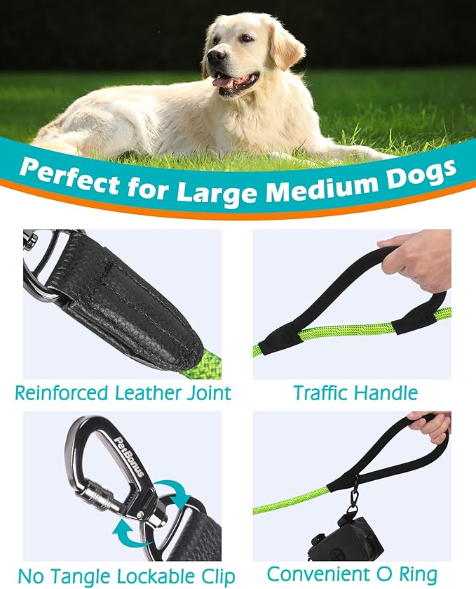 PetBonus Double Handle Rope Dog Leash, 5FT Heavy Duty Training Lead with Lockable Hook and 2 Comfortable Padded Handles, Reflective Walking Nylon Leash for Large Medium Dogs (55-200 lbs, Green)