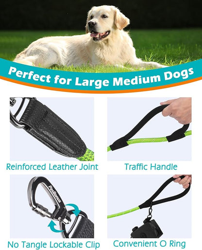 PetBonus Double Handle Rope Dog Leash, 5FT Heavy Duty Training Lead with Lockable Hook and 2 Comfortable Padded Handles, Reflective Walking Nylon Leash for Large Medium Dogs (55-200 lbs, Green)