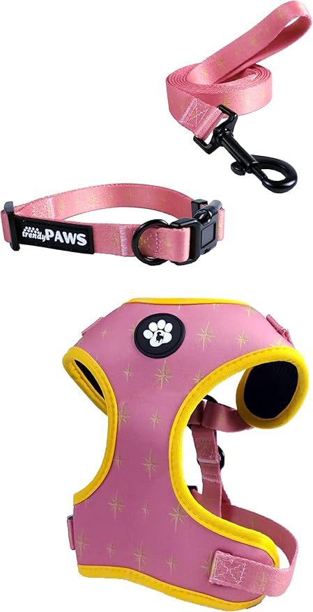 TrendyPaws Dog Harness, Collar and Leash Set, Breathable Mesh, S/M/L Sizes (Rose Gold, Large)