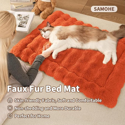 SOMAHE Self-Warming Cat Bed, Plush Faux Fur Pet Bed Mat with Anti-Slip Bottom, Ultra Soft Heated Bed for Cats & Medium Dogs, Cozy Fluffy Pad for Couch & Crate, Machine Washable, 27x20 Inch Orange
