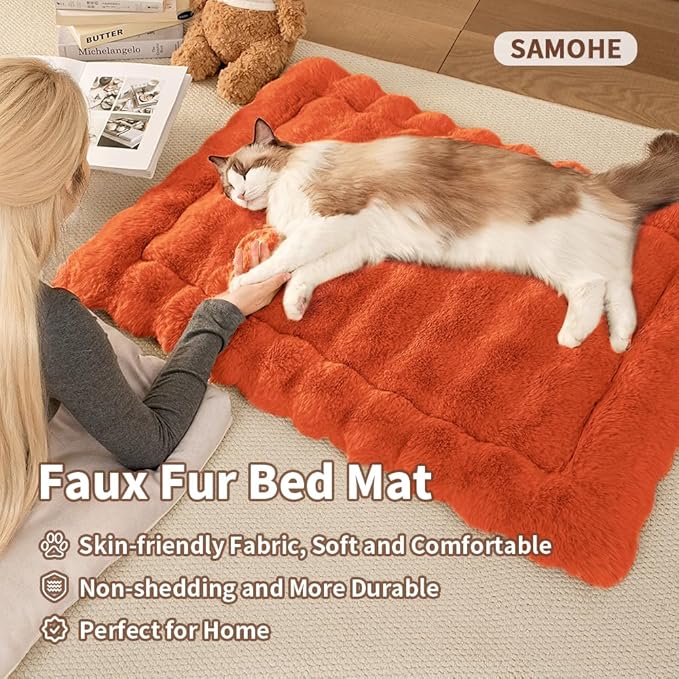 SOMAHE Self-Warming Cat Bed, Plush Faux Fur Pet Bed Mat with Anti-Slip Bottom, Ultra Soft Heated Pad for Cats & Kittens, Cozy Fluffy Bed for Window & Sills Couches, Machine Washable, 23x15 Inch Orange