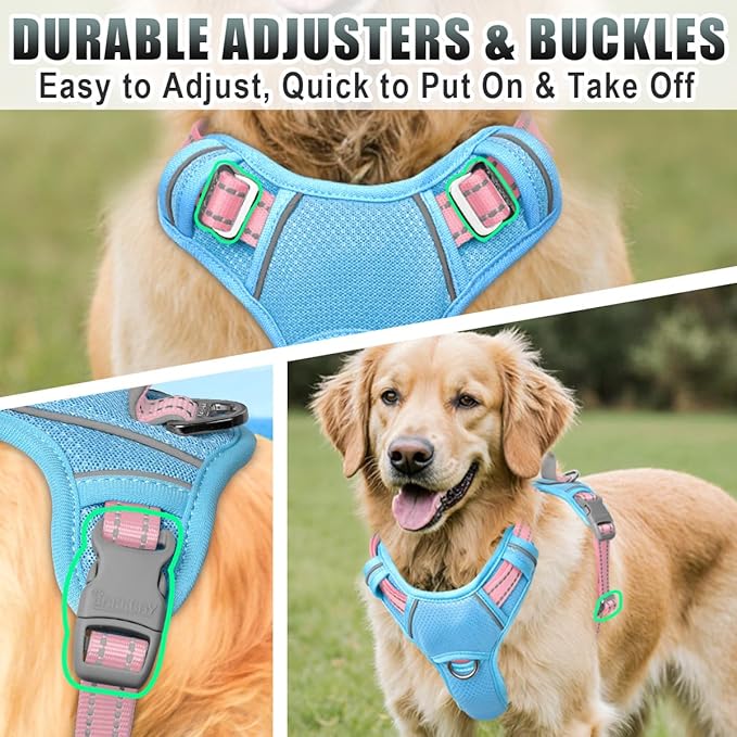 BARKBAY No Pull Dog Harness Large Reflective Dog Harness with Front Clip and Easy Control Handle for Walking Training Running with ID tag Pocket(Baby Blue & Baby Pink,XL)