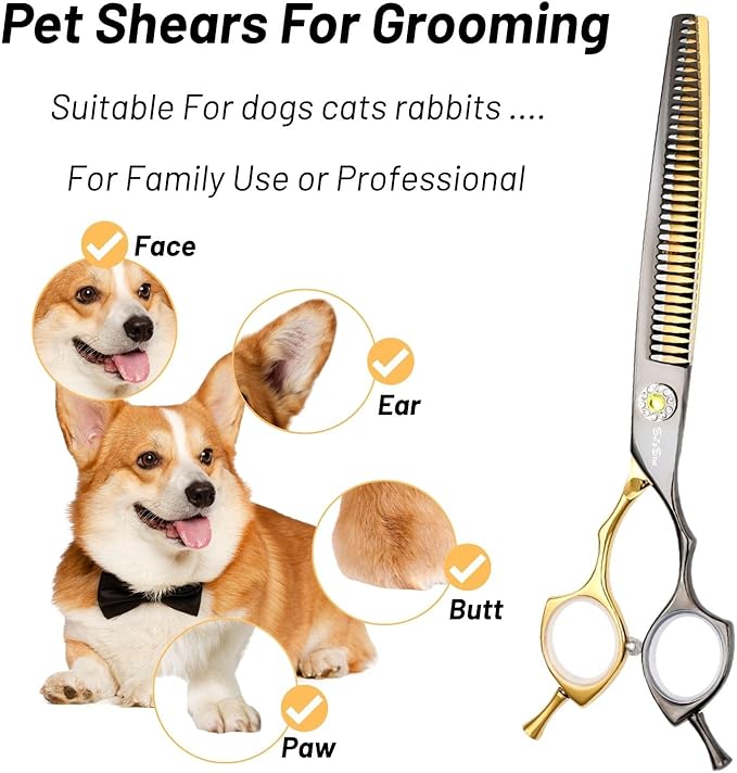 7.5in 25° Curved Thinning Shears for Dog Grooming Scissors, High-end Dog Trimming Scissors, 35 Teeth Chunker, Japan VG10 Steel Sharp, Ergonomic Professional Pet Shears for Dogs Cats Face Paws Groomer