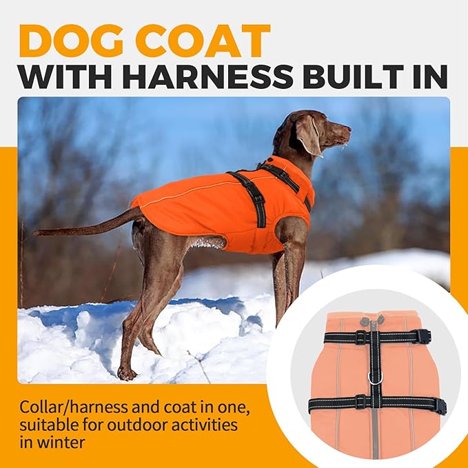 Lelepet Dog Winter Coat Waterproof Dog Jacket with Harness Built in Windproof Reflective Pet Coats for Small Medium Large Dogs, Thermal Fleece Lined Coats for Cold Weather Walking Hiking, Orange, S