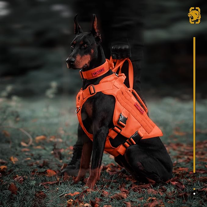 OneTigris No Pull Tactical Dog Harness for Large Dogs, Mesh Design Breathable Service Dog Vest with Handle, Military Dogs Vest Harness with Molle Panels for Walking Hiking Training (Orange, Large)