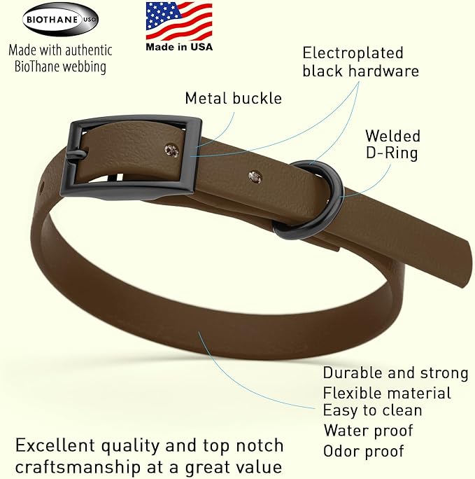 Dogline Biothane Waterproof Dog Collar Strong Coated Nylon Webbing with Black Hardware Odor- Proof for Easy Care Easy to Clean High Performance Fits Small Medium or Large Dogs, Dark Chocolate Brown