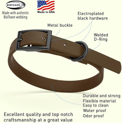 Dogline Biothane Waterproof Dog Collar Strong Coated Nylon Webbing with Black Hardware Odor- Proof for Easy Care Easy to Clean High Performance Fits Small Medium or Large Dogs, Dark Chocolate Brown