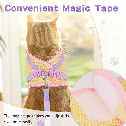 Cat Harness and Leash Set for Walking Escape Proof, Adjustable Kitten Harness Breathable Mesh with Reflective Strips Harness with Flower for Kitty Puppy Bunny Purple S