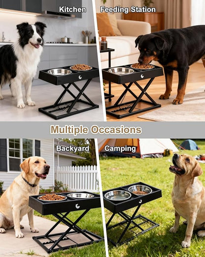 Taglory Metal Elevated Dog Bowls Stand for Large Breeds, 9 Height-Adjustable Raised Dog Bowl with 2 Stainless Steel Bowls(6 Cup), Anti-Slip Pads, 9" to 17.5", Black