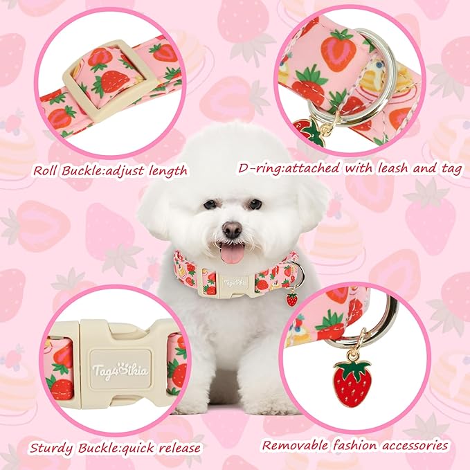 Dog Collar with Strawberry Patterns, Spring Summer Collection Pink Dog Collar with Exquisite Pendant, Durable Adjustable Collars for Gifts & Daily Use-M