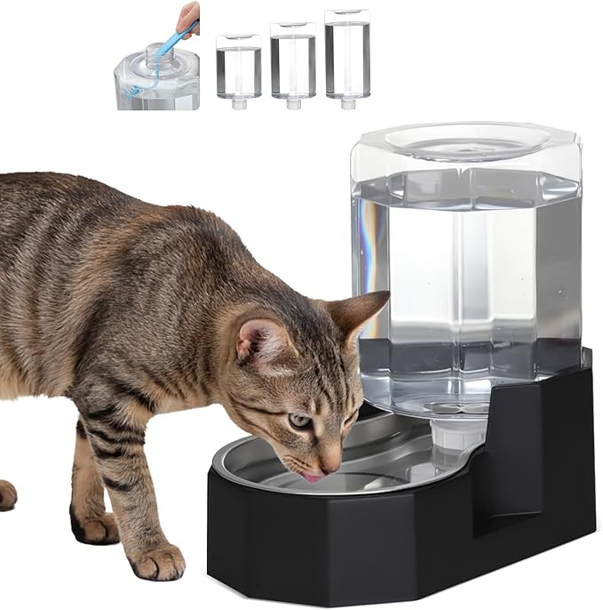 Sfozstra Gravity Water Bowl Dispenser : Automatic 5L Black Cat Stainless Steel Feeder with Specialized Brush - for Dogs with Joint Problems - Suitable in Garage Bedroom