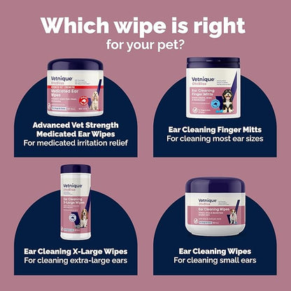 Vetnique Oticbliss Cat & Dog Ear Wipes - Dog Ear Infection Treatment or Dog Ear Cleaner Wipes for Dirty, Waxy, Smelly Dog Ears, Odor Control with Aloe Vera & Salicylic Acid (Finger Mitt Ear Wipes)