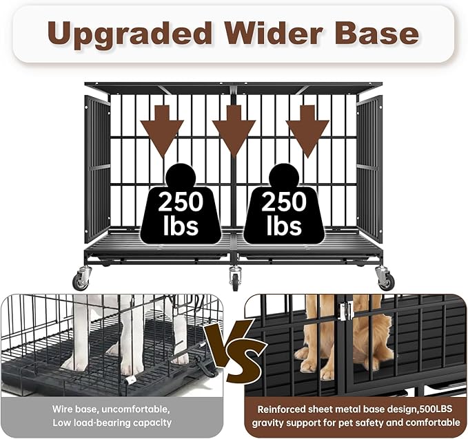 Snuowu 48 Inch Heavy Duty Dog Crate with Wheels，Indestructible Escape-Proof Dog Cage for Large Dogs, Extra Large XL XXL Indestructible Dog Crate with Removable Tray.