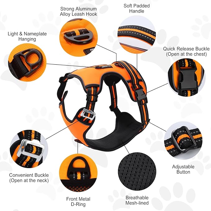 No Pull Dog Harness with 3 Snap Buckles,No Choke Front Lead pet Harness Reflective and Adjustable Soft Padded Vest for Small Medium Large Dog (Orange, Small)