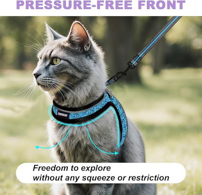 Cat Harness and Leash Set,Escape Proof Kitten Harness,Step in Adjustable Soft Lightweight,Easy Control,Reflective Strips Comfortable for Walking Travel(Blue/Black,M)
