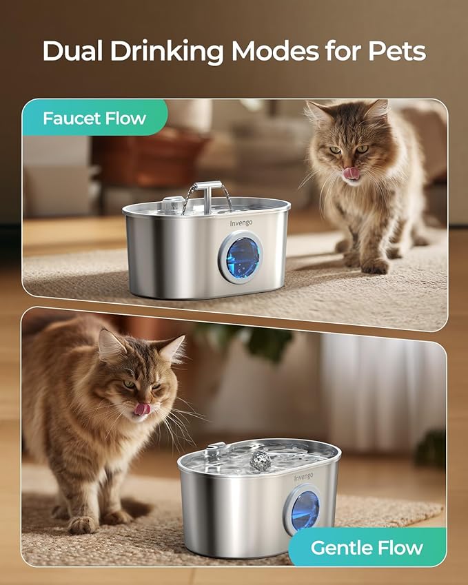 Invengo Cat Water Fountain Stainless Steel: 2.2L/74oz Automatic Pet Water Fountain for Cats & Dogs, Quiet Cat Fountain with 5-Layer Filter, Easy to Clean & Durable Dog Water Fountain