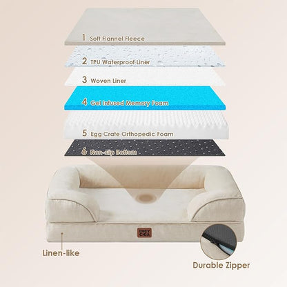 EHEYCIGA Orthopedic Dog Beds for Large Dogs, Waterproof Memory Foam Large Pet Bed with Sides, Non-Slip Bottom and Egg-Crate Foam Dog Couch Bed with Washable Removable Cover, Beige