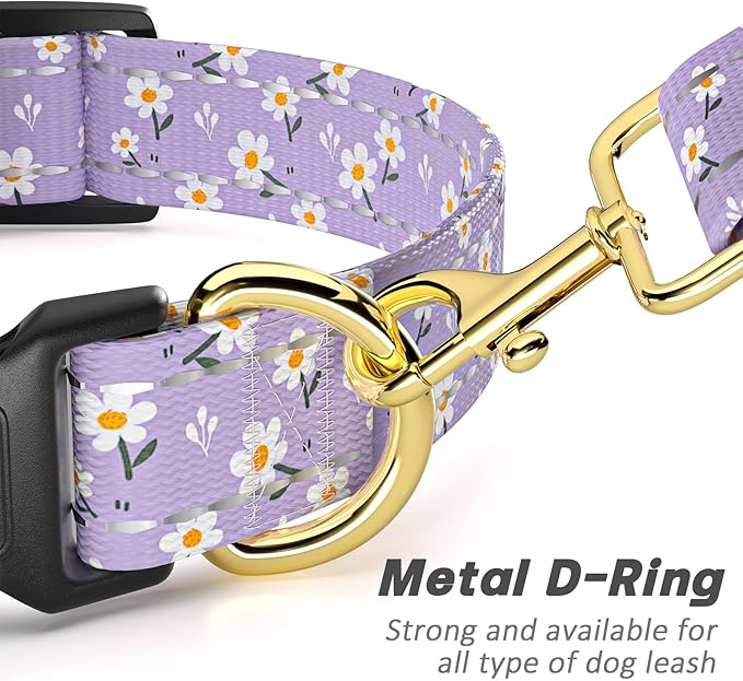 Reflective Dog Collar for Small Dogs, Cute Flower Theme Adjustable Heavy-Duty Nylon Puppy Collar for Boy and Girl Female, Soft Pet Accessories with Quick Release Buckle, Purple White