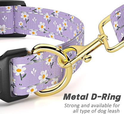 Reflective Dog Collar for Medium Dogs, Cute Flower Theme Adjustable Heavy-Duty Nylon Puppy Collar for Boy and Girl Female, Soft Pet Accessories with Quick Release Buckle, Purple White