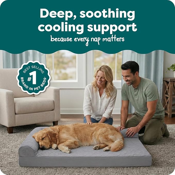 Furhaven Cooling Gel Dog Bed for Large Dogs w/ Removable Bolsters & Washable Cover, For Dogs Up to 95 lbs - Pinsonic Quilted Paw L Shaped Chaise - Titanium, Jumbo/XL