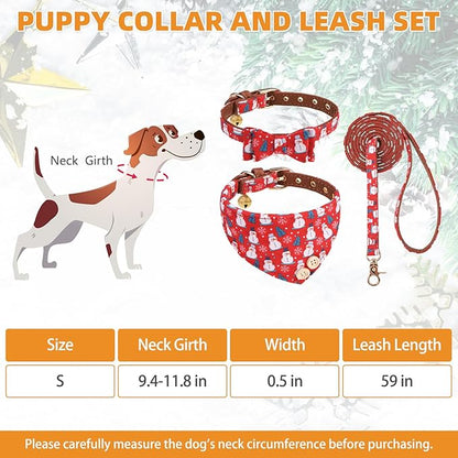 KOOLTAIL Christmas Dog Collar and Leash Set with Bowtie and Bells - Puppy Collar and Leash for Boy Girl with Snowman Matching Pattern, Soft Leather Tangle Free Leashes for Small Dogs,Cats