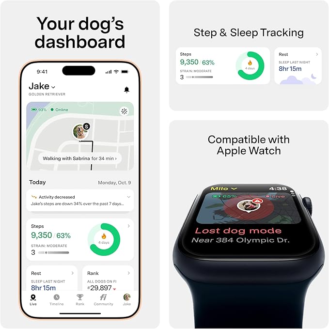 New Fi Series 3+ Smart Dog Tracker Collar [6 Month Membership Included] GPS Tracker for Dogs with Health & Behavior Monitoring, Escape Alerts, Waterproof, LED, Apple Watch Compatible (Blue, X-Small)