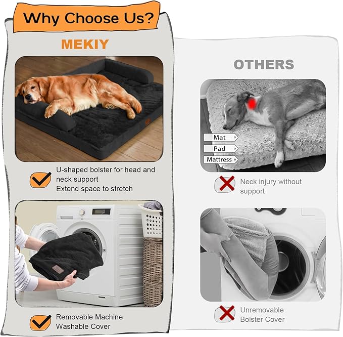 Orthopedic Bolster Dog Bed for Large Dogs – Memory Foam Cushion, Calming Support Design, Removable Washable Waterproof Cover, Non-Slip Bottom, Cozy Sleeping Space for Pets