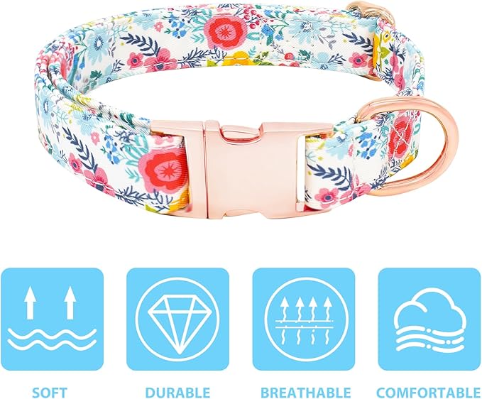 Dog Collar and Leash Set Girls Adjustable Puppy Collars with Floral Bow Tie for Small Medium Large Female Dogs, Teal Flower, XS