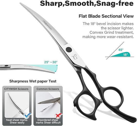 Dog Grooming Scissors,Curved Thinning Scissers and Chunker Shears for Dog Grooming with Safety Round Tips, Sharp and Comfortable 5 in 1 Deg Scissors for Grooming
