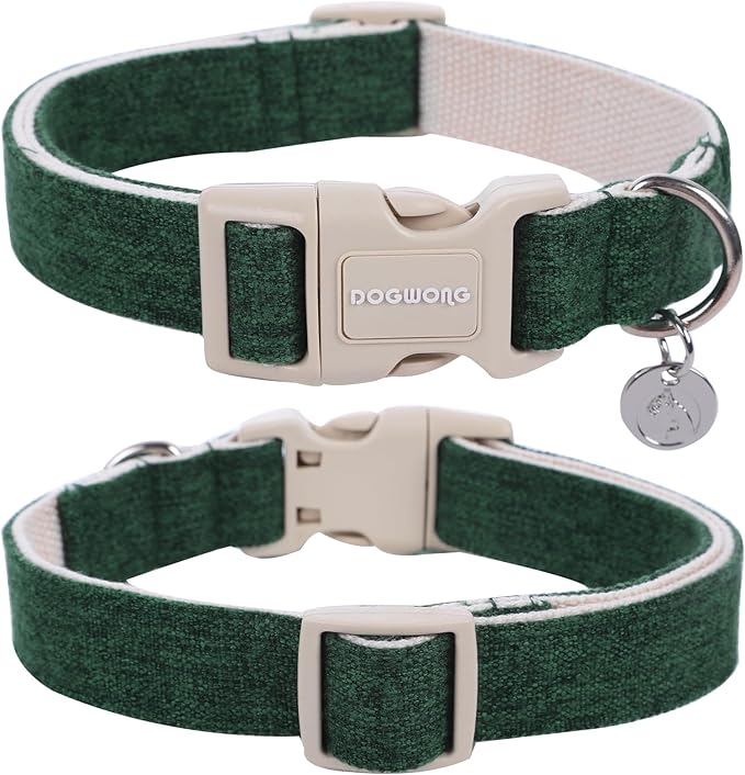 DOGWONG Cotton Hemp Dog Collar, Heavy-Duty Christmas Green Dog Collar Adjustable Soft Natural Fabric Pet Dog Collar Cute Holiday Puppy Necklace for Small Medium Large Dogs