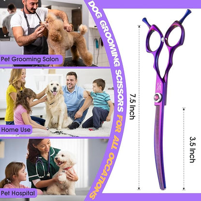 JASON 7.5" Dog Grooming Scissors - Professional Curved Thinning Shears for Grooming, Japanese 440C Stainless Steel Blender Shears with Diamond Adjustable Screw (65 Teeth, Purple) Christmas Gift