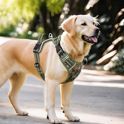 Timos Dog Harness Large Sized,No Pull Dog Harness Adjustable Metal Rings 3 Buckles,Reflective No Choke with Easy Control Handle for Large Dogs,Military Green L
