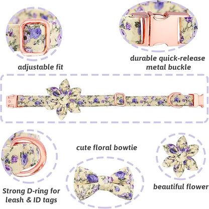 Dog Collar and Leash Set Girls Adjustable Puppy Collars with Floral Bow Tie for Small Medium Large Female Dogs, Purple Rose, L