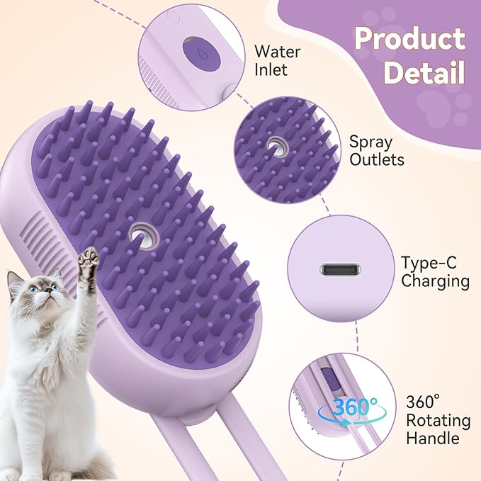 TOOLIAR 4 in 1 Pet Steam Brush for Shedding,Rechargeable cat brushes for indoor cats,Quiet Detangling Brush for Long Haired Cats and Dogs(Purple)