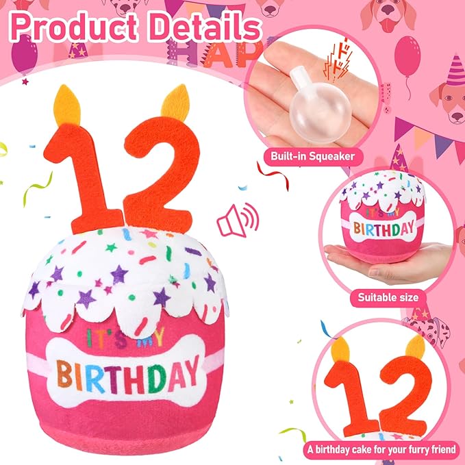 Dog Birthday Cake Toy Accessories for Girl Boy Gifts, Squeaky Plush Toy for Dog Birthday Party Decor Favor for Large, Medium and Small Dogs(12th,Pink)