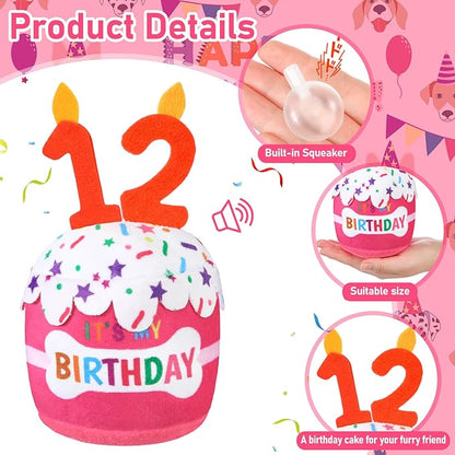 Dog Birthday Cake Toy Accessories for Girl Boy Gifts, Squeaky Plush Toy for Dog Birthday Party Decor Favor for Large, Medium and Small Dogs(12th,Pink)