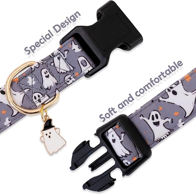 Faygarsle Gray Dog Collar with Ghosts Pattern Fall Autumn Halloween Cute Dog Collar for Small Medium Large Dogs Seasonal Pet Collar for Male Female Puppy Boy Girl Collar para Perros S
