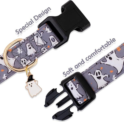 Faygarsle Gray Dog Collar with Ghosts Pattern Fall Autumn Halloween Cute Dog Collar for Small Medium Large Dogs Seasonal Pet Collar for Male Female Puppy Boy Girl Collar para Perros M