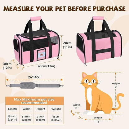 FOORLON Cat Carrier Soft for Pets Up to 15 Lbs, Cat Travel Bag with Padded Shoulder Strap and Detachable Cat Food Bowl, Pet Dog Carriers for Small Dogs Travel Puppy Carry Airline Approved, Pink
